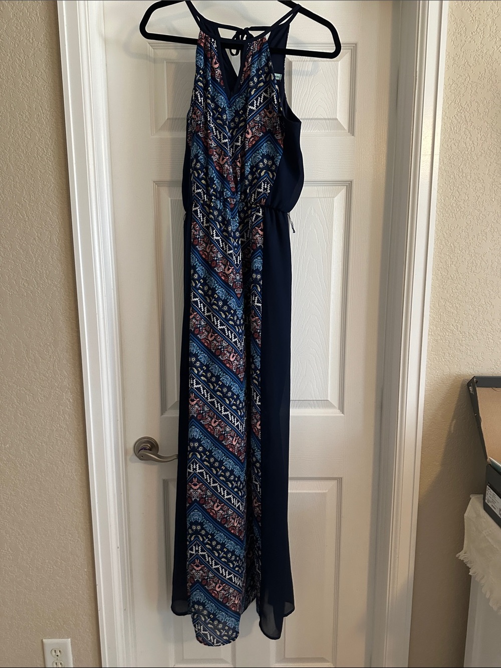 Navy Patterned Halter Maxi Dress - Navy Blue